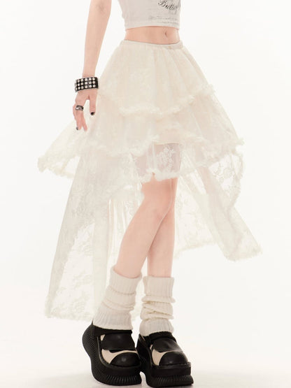 Apricot Low Skirt Waist Asymmetrical Hem High-low Tiered Lace