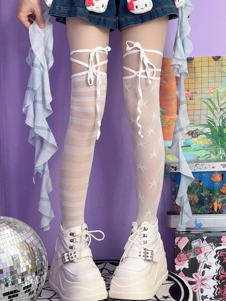 Asymmetrical Black/White Star Pattern Over-knee Striped Stockings Design Y2K And