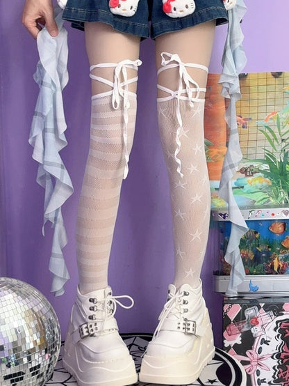Asymmetrical Black/White Star Pattern Over-knee Striped Stockings Design Y2K And