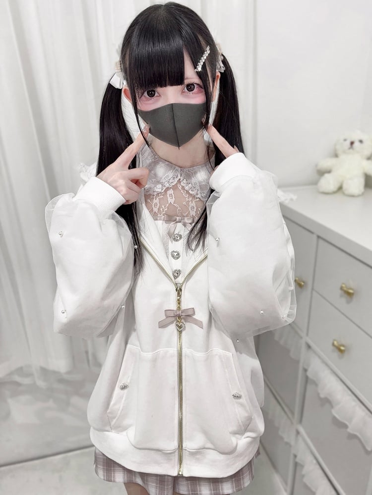 Jirai Kei White Bunny Ears Lace Trim Hood Bead Details Zip Hoodie