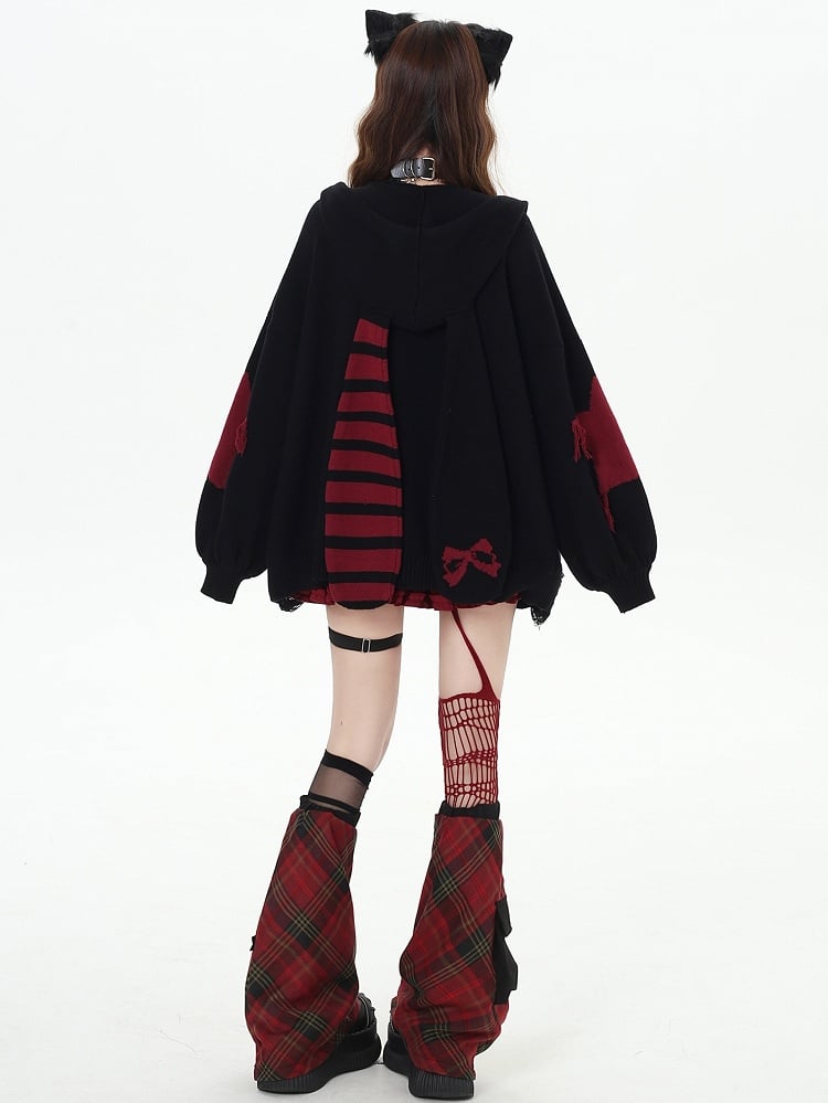 Y2K Black Striped Bunny Ears Hooded V-neck Cardigan