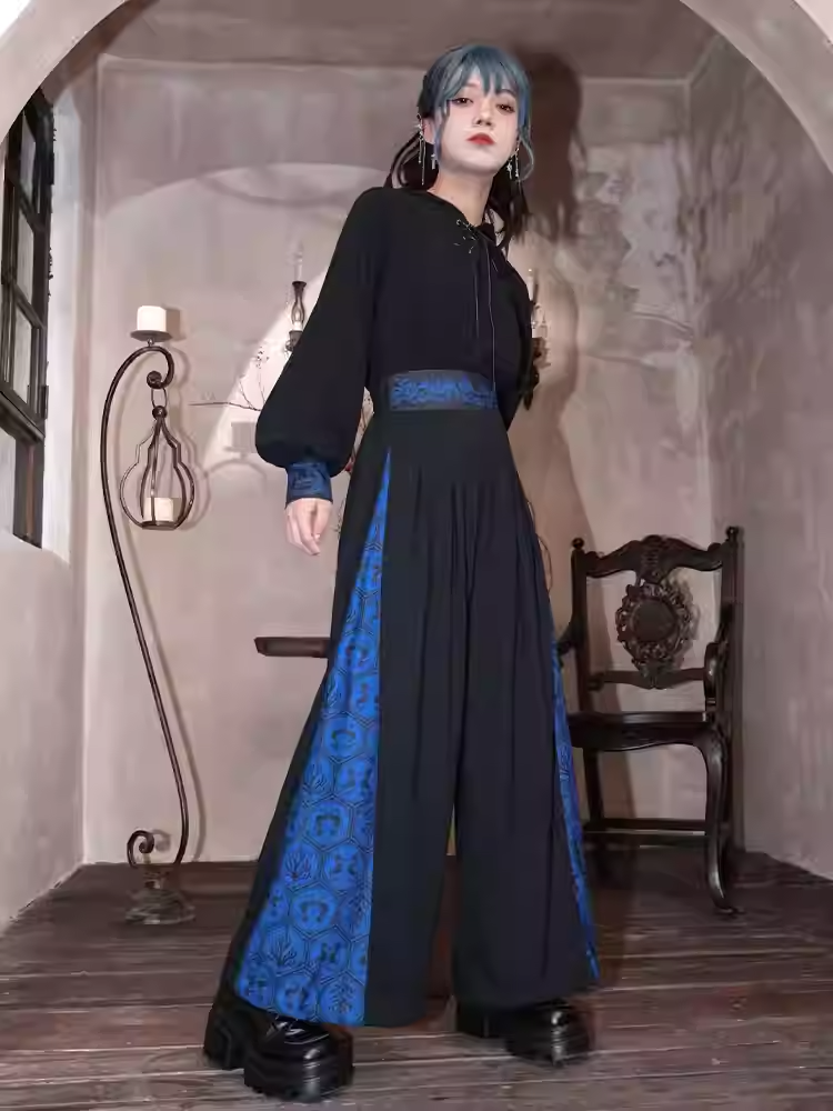 Blue Black Coral Drawsting Style	Wide-leg Cuff Pants Seahorse and Print Cheongsam