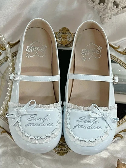 Trim Flats Toe Runde PU Rüschen Stickerei Brief Blau Baby Leder