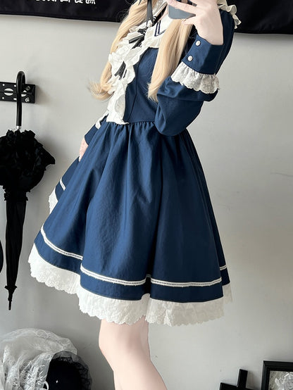 Dark Blue Long Sleeves Ruffled Trim Above Knee Dress