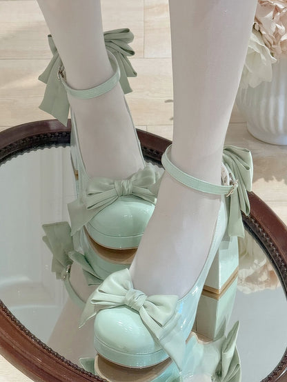Grüne Lolita-Plateauschuhe mit Schleife und runder Mary-Schuh-Details