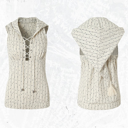 Print Top White Star Pattern Lace-up Sleeveless Hoodie Striped Detail