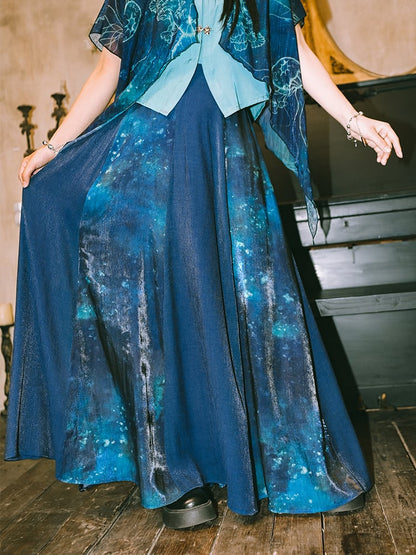 Gradient Convertible Hem Jellyfish Print Skirt with Bubble Blue