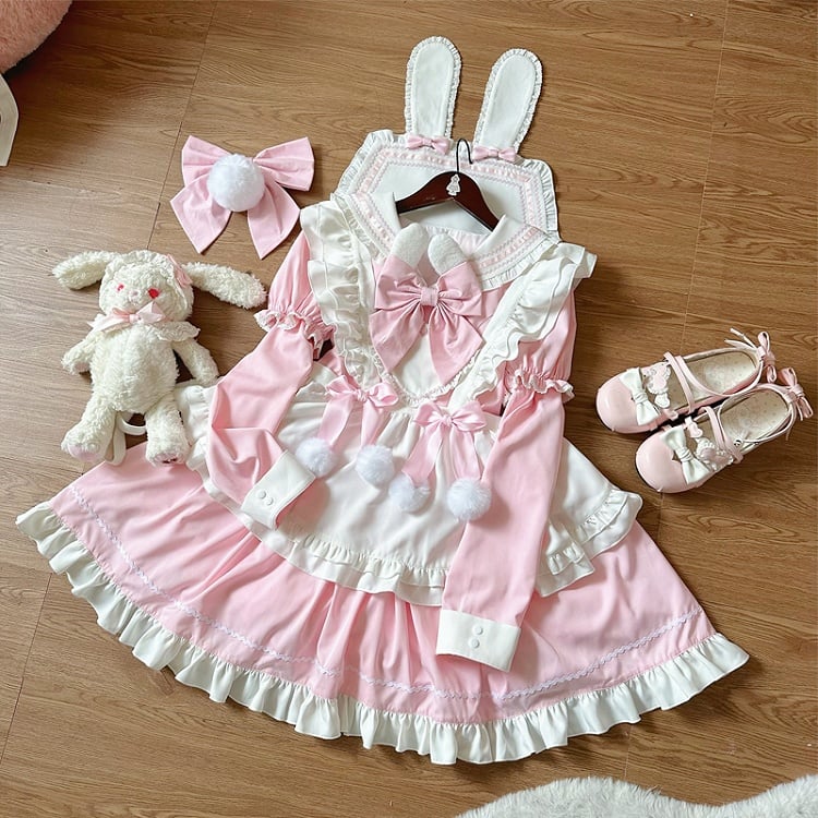 Ears Sleeves Short Sailor Apron Lolita Dress Pink Maid Bunny White with Collar
