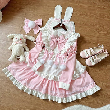 Ears Sleeves Short Sailor Apron Lolita Dress Pink Maid Bunny White with Collar