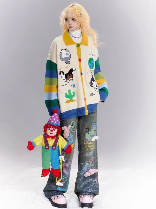 Blue Bunny Plushies Adorned Cats Graffiti Wide-leg Cut Jeans