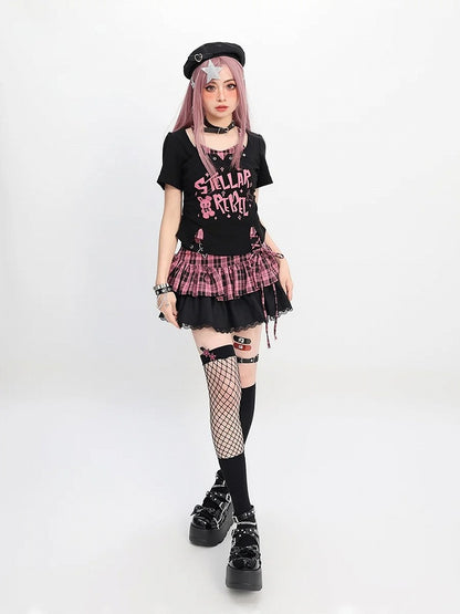 Y2K Black Pink/Black  White Plaid Star with Detail Tiered Skirt Lace-up Buckle