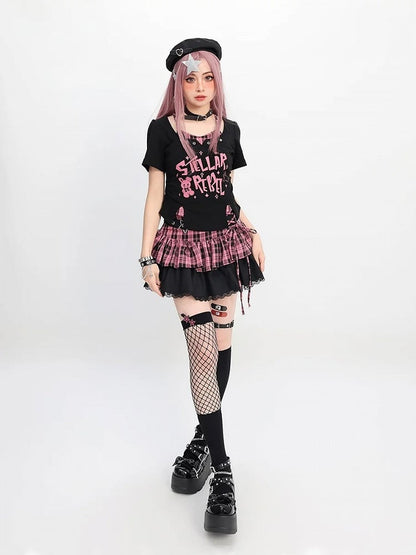 Y2K Black Print T-Shirt Pink/Black Faux Two-Pieces White Bunny