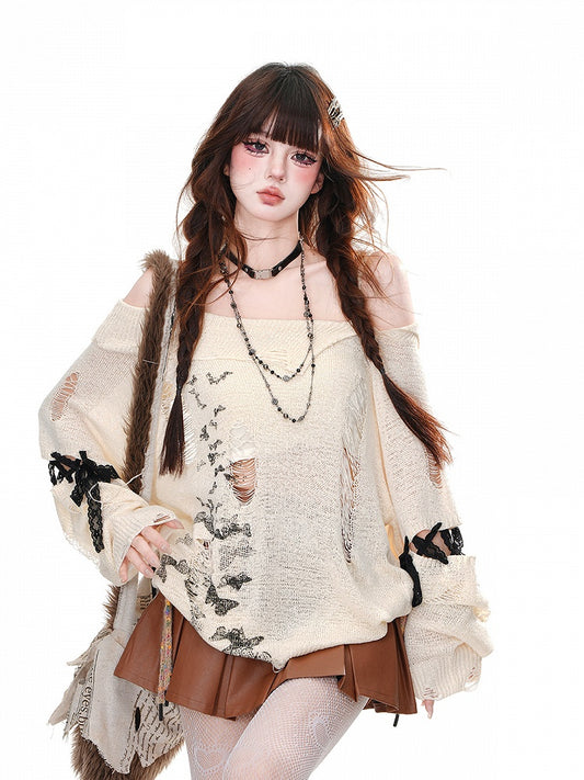 Distressed Holes Butterfly Knitted Top Neckline Apricot Off-the-shoulder