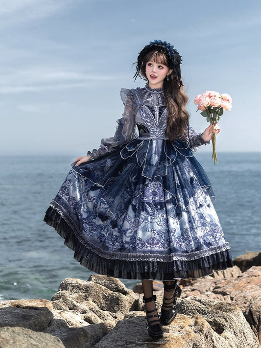 Waist Full Blue Lolita High Set with Jumper Overlay Print Skirt Angel Dark