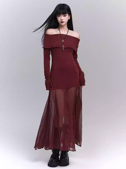 Robe glamour rouge vin semi-transparente à épaules dénudées