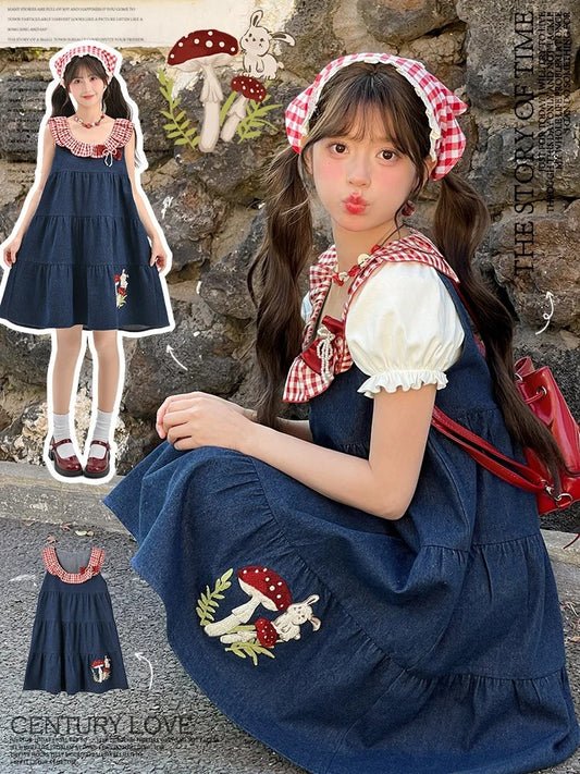 Bunny and Mushroom Embroidery Red Navy Blue Sleeveless Dress Neckline Plaid