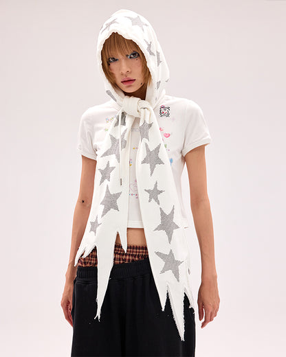 Black/White Star Rhinestones Hat and Scarf All-in-one