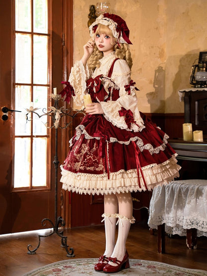 / Dress Red Lolita Decoration JSK Bows Velvet Embroidery Candle