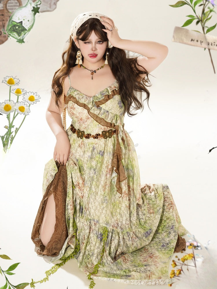 Plus Size Green Spaghetti Straps Floral Dress