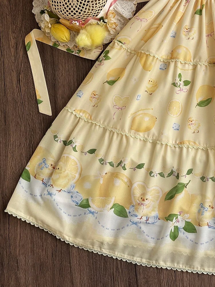 and Spring Chick Dress Sleeves Short Summer for Print Lolita Lemon Yellow