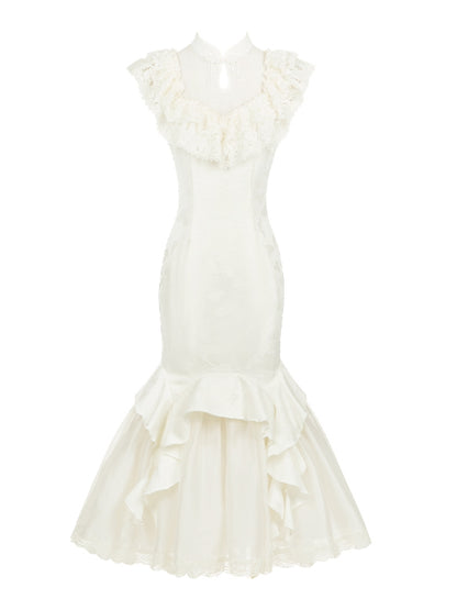 Ruffle Mermaid Butterfly Jacquard Trim Dress Qi Qipao Lolita Cascading Collar