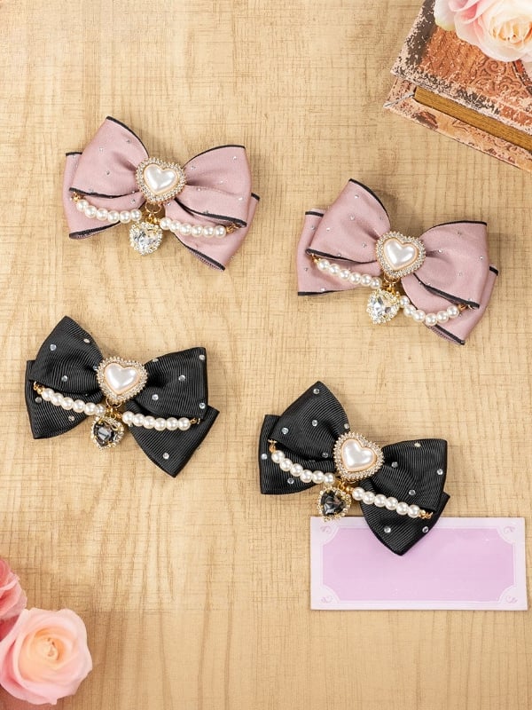 Jirai Kei Heart Rhinestones and Beads Bowknot Hairclip