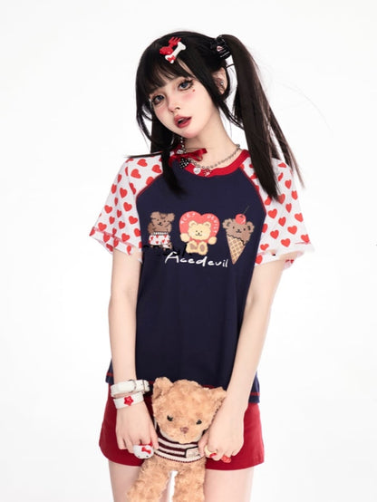 Pattern Navy Blue Colorblock Design Teddy Bear Print T-Shirt Heart