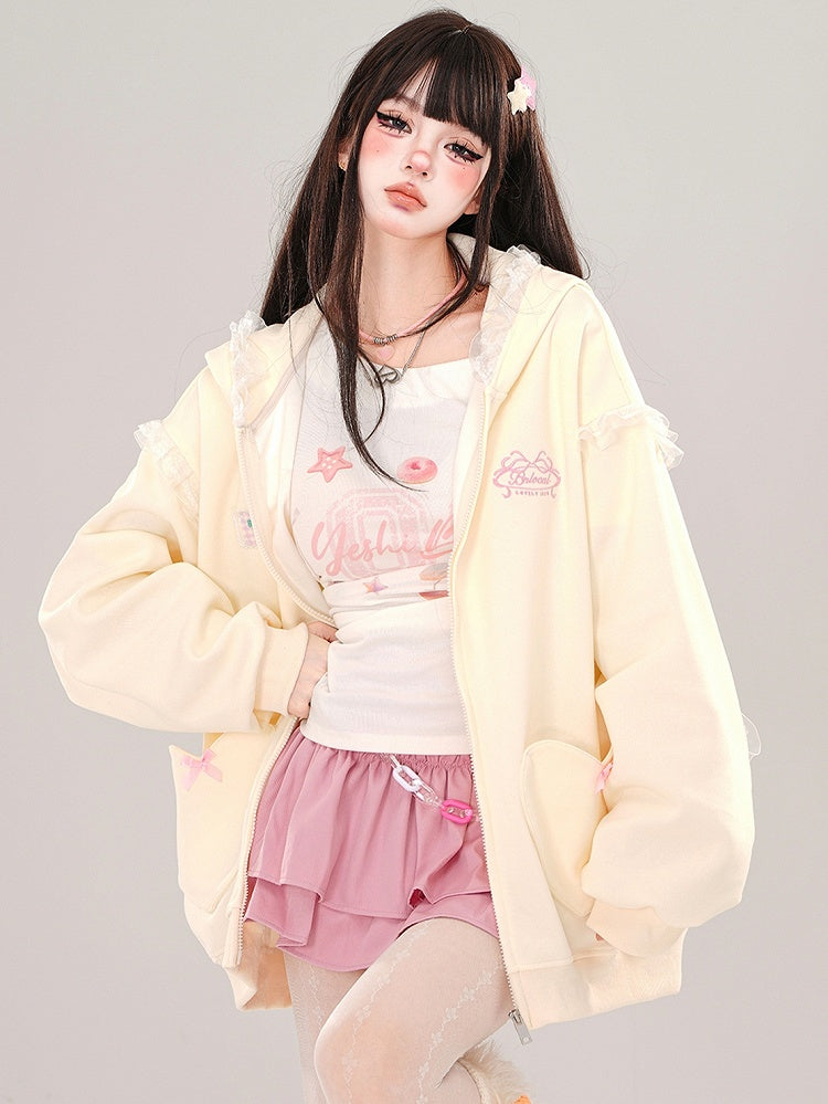 Blue/Apricot Bunny Ears Lace Trim Zip Hoodie