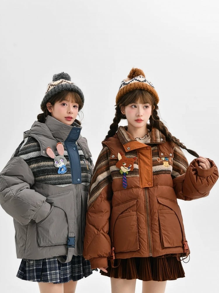 Patchwork Design Brown Hooded Down Jacket