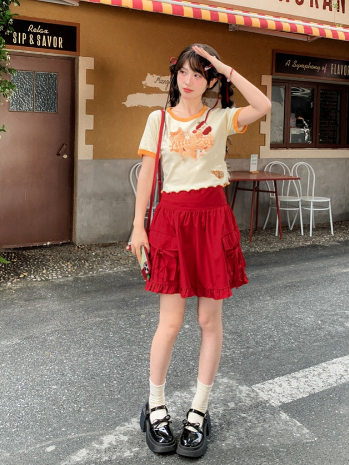 Yellow Cartoon Animal Print Heart Cutout Short Version T-Shirt with Apple Brooch