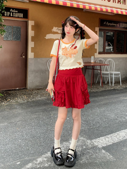 Yellow Cartoon Animal Print Heart Cutout Short Version T-Shirt with Apple Brooch