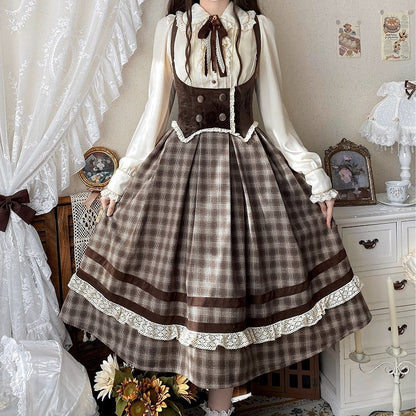 Brown Under Bust Plaid Pattern Lolita Dress Lolita Jumper Skirt