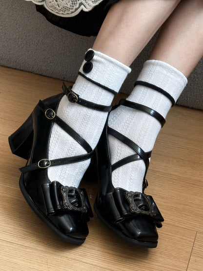 Bow - PU Top Mid Picture Elegant Toe Frame Lolita Vintage Black Heels at Design Square