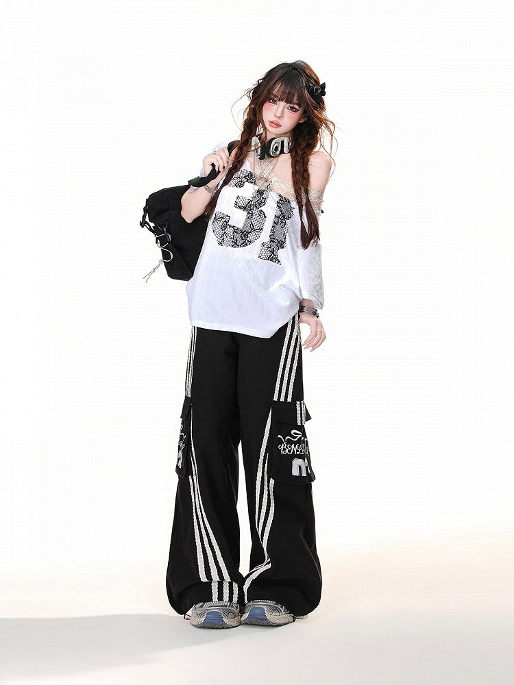Black Lace Number Design White Asymmetrical Neckline Lace Patches Neckline Loose T-Shirt