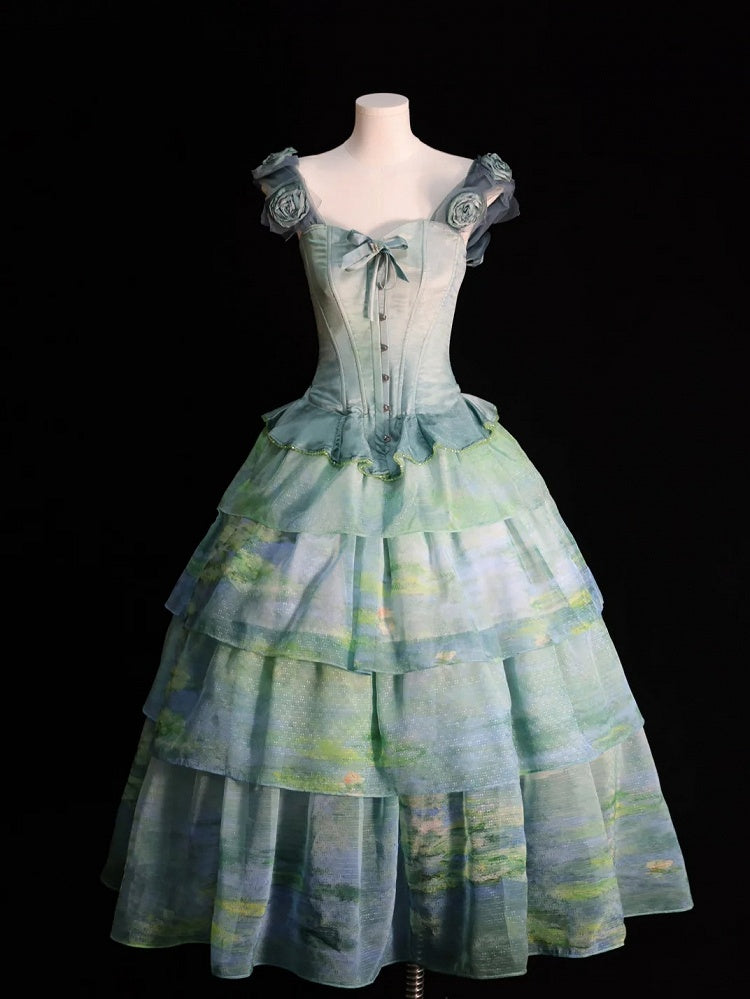 Flounce Green Hem Boned Corset Top with Detachable Floral Adornments