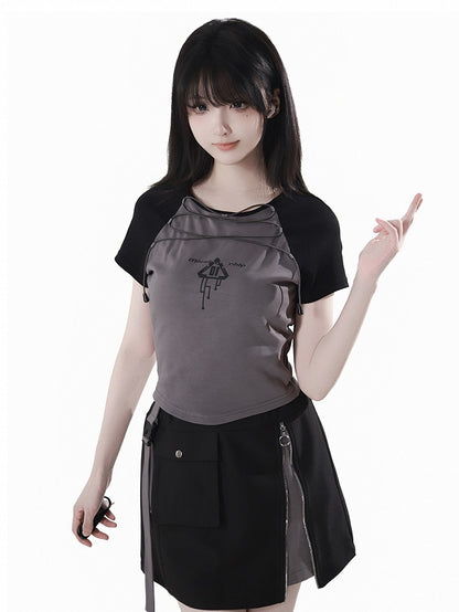 Graues Colorblock-Design und schwarzes Techwear-T-Shirt mit Schnürung vorne