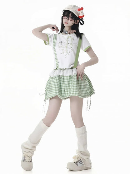 Neckline Green Apple Print Lettuce Hem Self-tie White T-shirt Bow