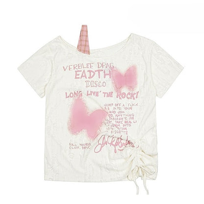 Asymmetrisches Y2K Bittersweet Neckline Letter Butterfly T-Shirt Off-White und Print