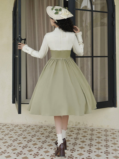 Spring Sleeves Ruffle Neckline Fake Lolita Dress Light Green Long Design and Classic Two-pieces Beige