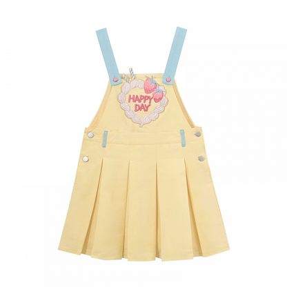 Strawberry Embroidery Yellow Box Pleat Overall Dress Sweet