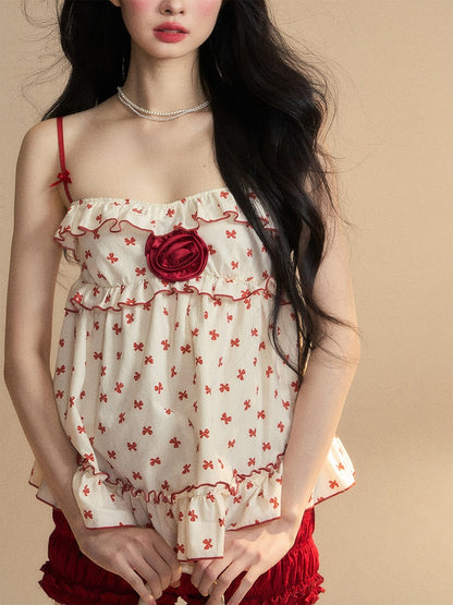 Floral Trim Apricot Ruffled Cami Red Bowknots Print Embellished Top