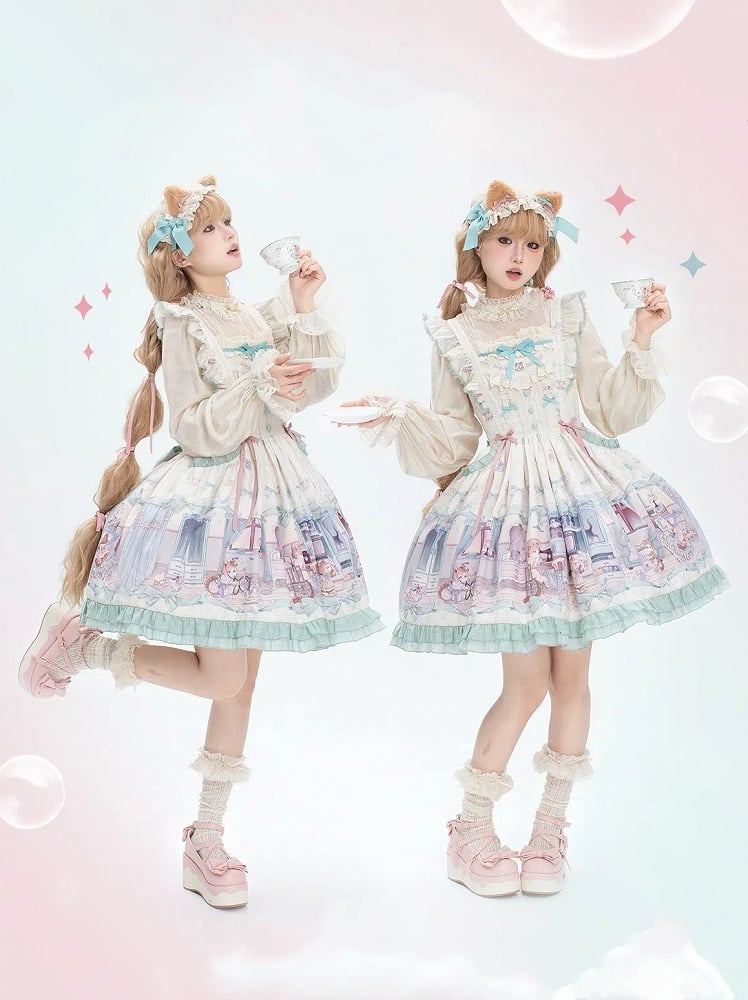 Cute kitty and Green Bows Sweet Lolita Dress Flutter Shoulder Straps Jumper Skirt