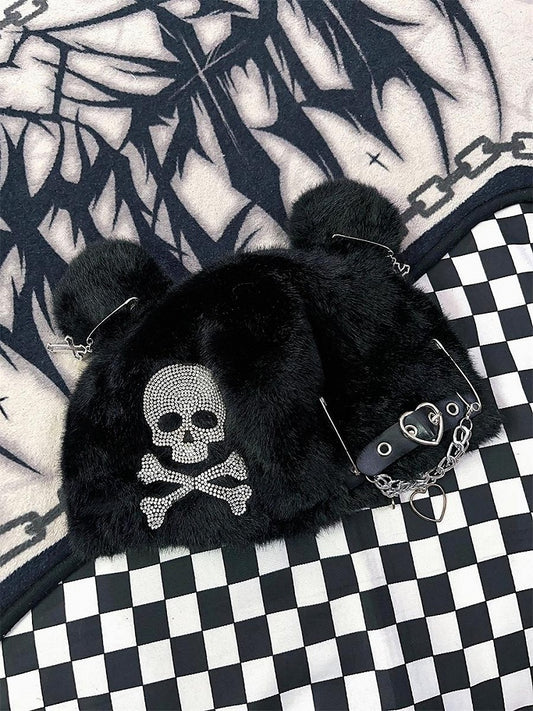 Black Skeleton Rhinestone Bear Ears Design Hat