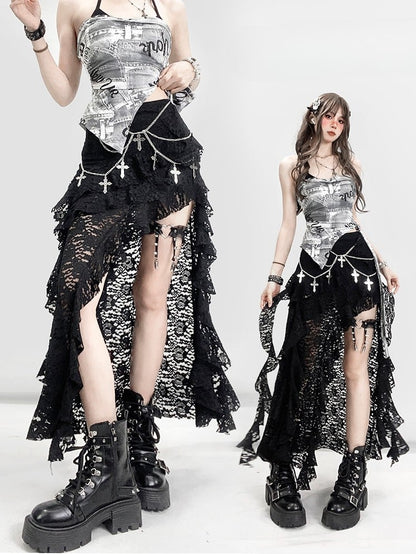 Slit Bittersweet Asymmetrical Glamorous Skirt Thigh-high Black Hem Lace
