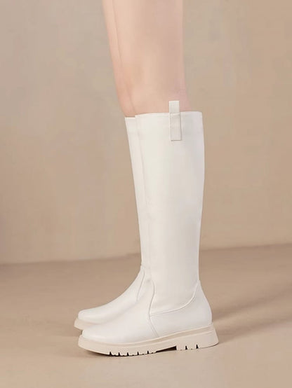 Verschluss: Weiße kniehohe Stiefel mit Reißverschluss, normale/dicke PU-Version, Lederinnenseite mit -