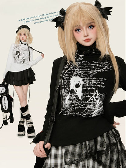 Jirai Kei Black/White Manga Girl Strap Details High Neck Top