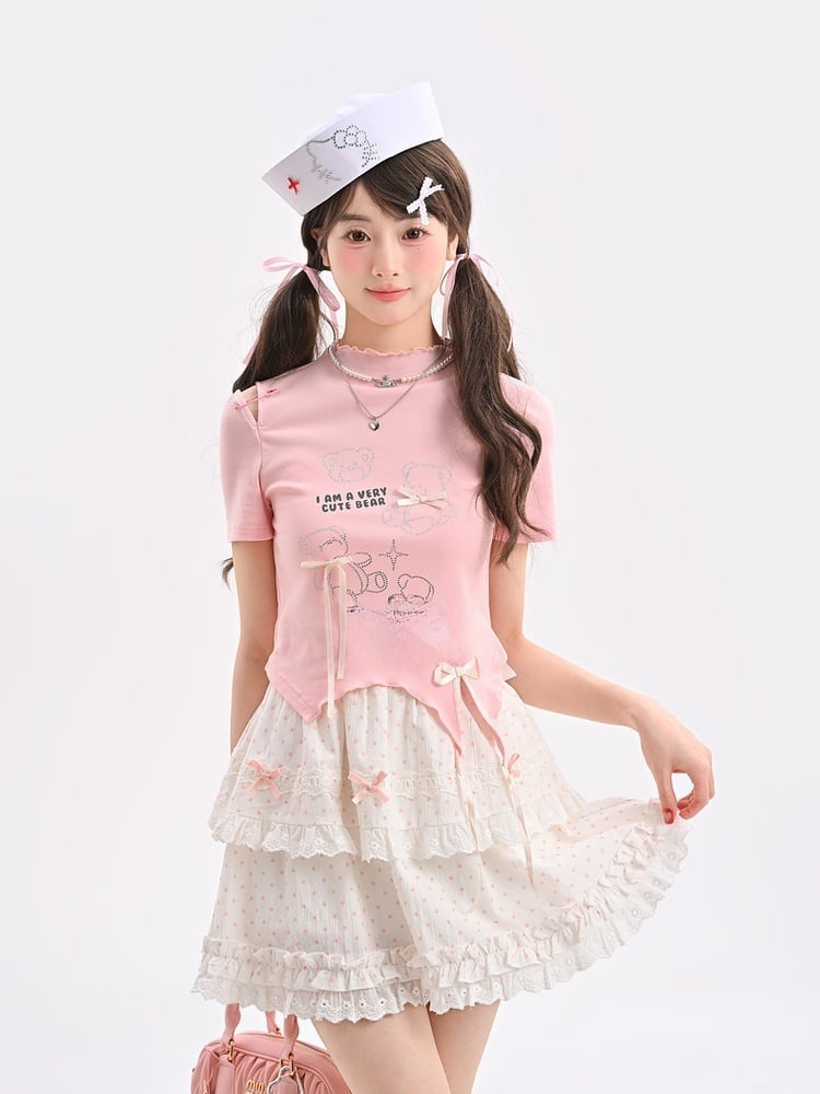 T-Shirt Hem Curved Pink Ruffle Neckline Teddy Bear Rhinestones Bowknot Accents