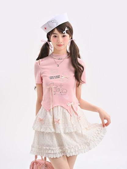 T-Shirt Hem Curved Pink Ruffle Neckline Teddy Bear Rhinestones Bowknot Accents