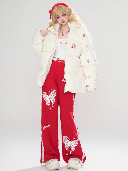 White/Pink Kitties Embroidery High Neck Puffer Jacket