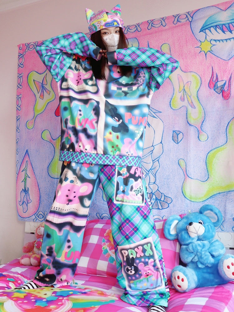 Cartoon Fashion Print Blue/Red Gyaru Plaid Pattern Sweatshirt